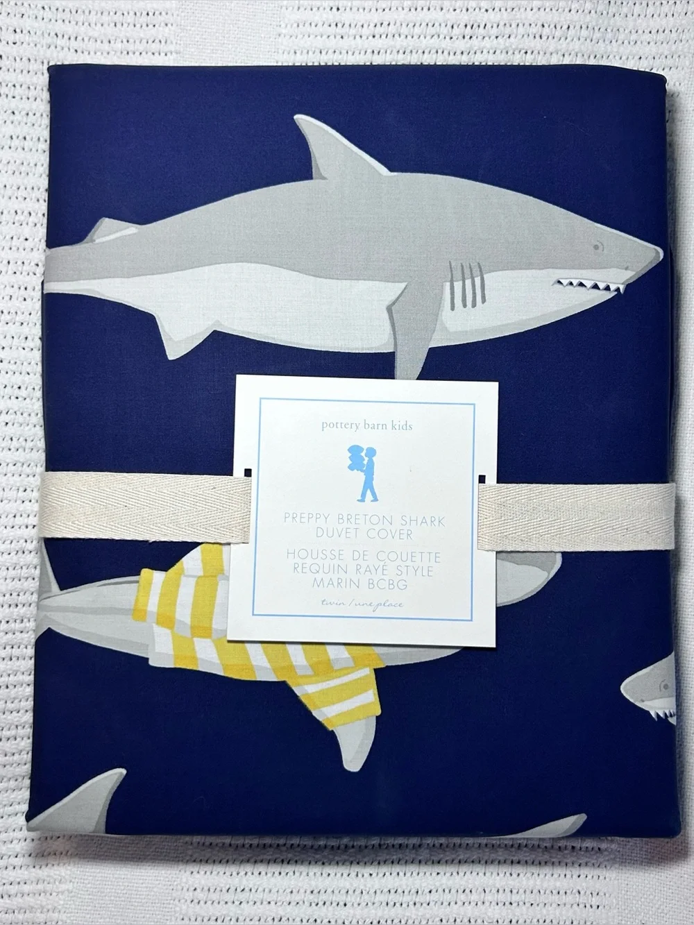New Pottery Barn Kids Preppy Breton Shark Twin Duvet Navy Blue
